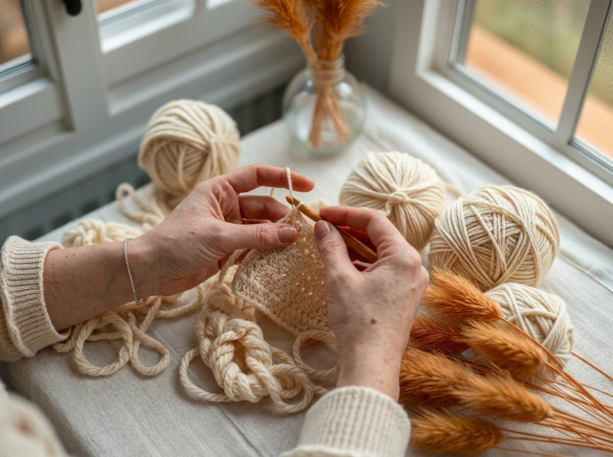 Mains de la créatrice crochetant du coton écru près d'une fenêtre, entourées de pelotes et de blé séché