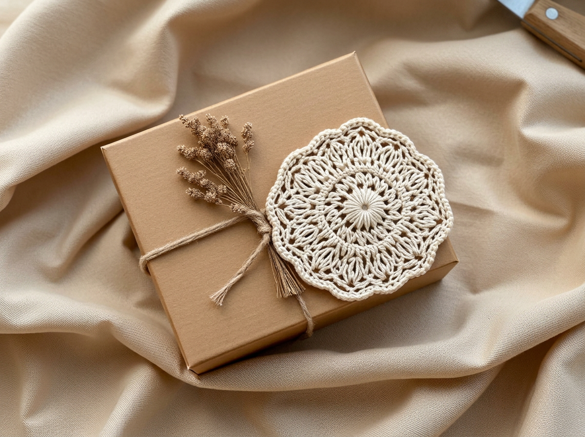 Boîte cadeau kraft ornée d'un dessous de tasse au crochet et de fleurs séchées
