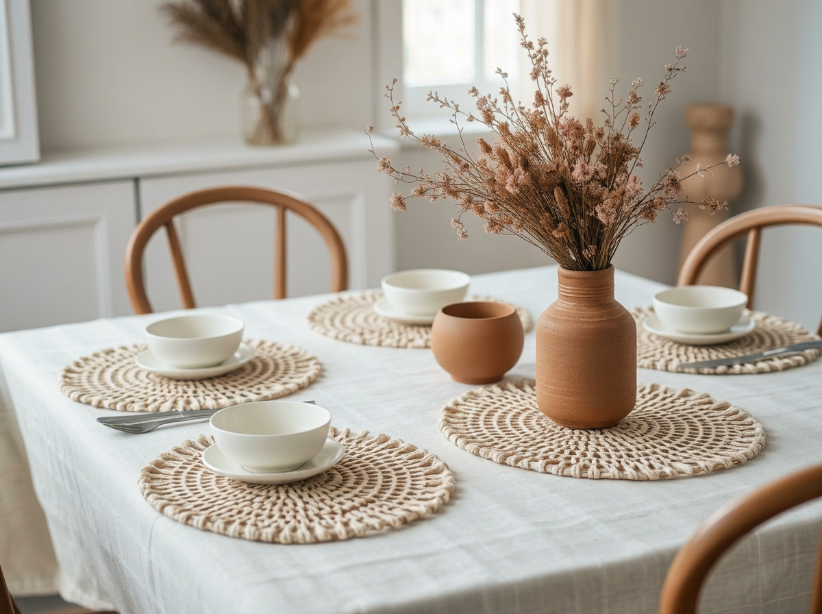 Table dressée avec des sets de table ronds tressés, de la vaisselle crème et un bouquet de fleurs séchées