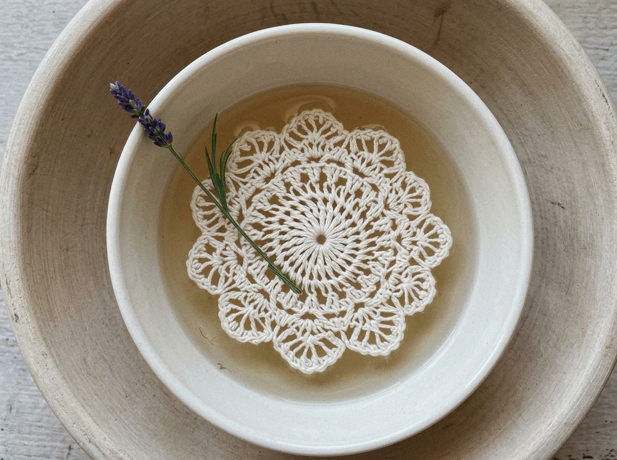 Dessous de tasse au crochet écru trempant délicatement dans une eau claire avec un brin de lavande