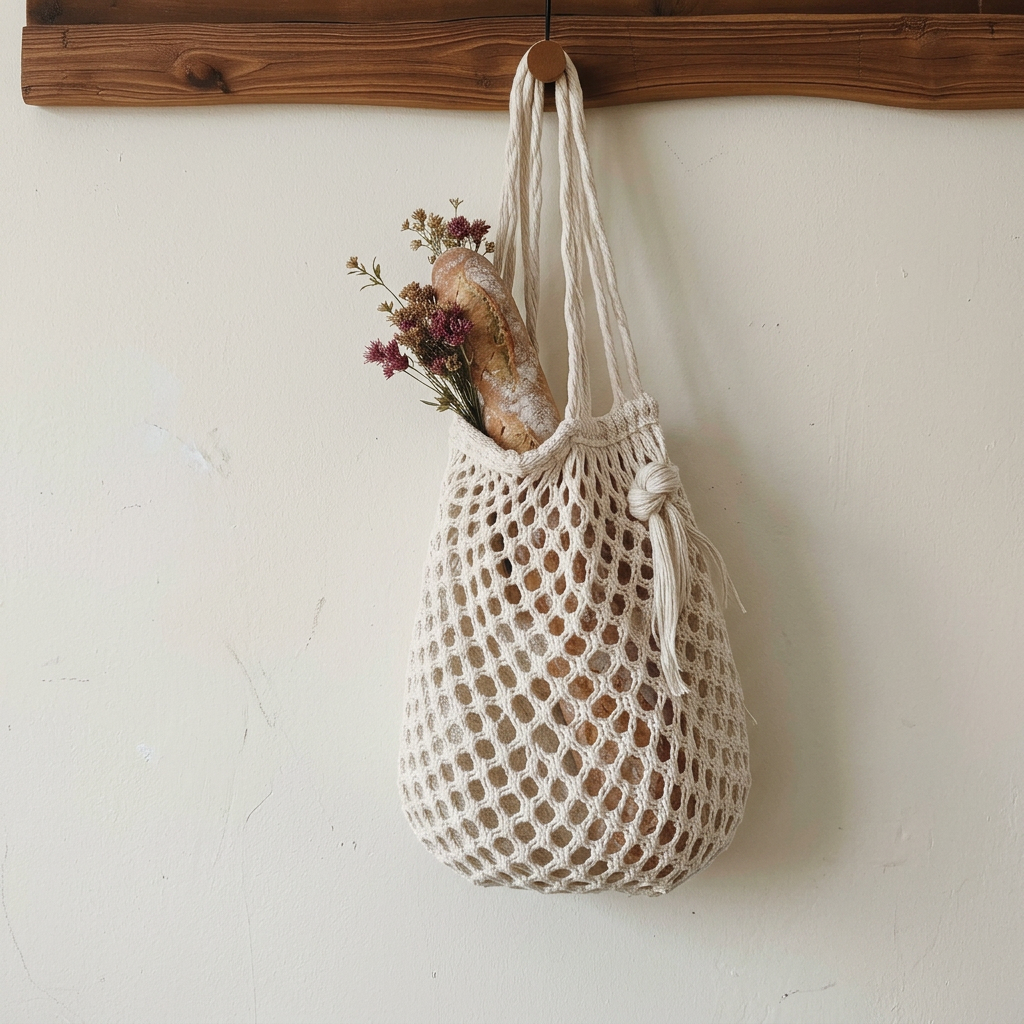 Cabas filet écru au crochet suspendu à une patère en bois avec une baguette et des fleurs